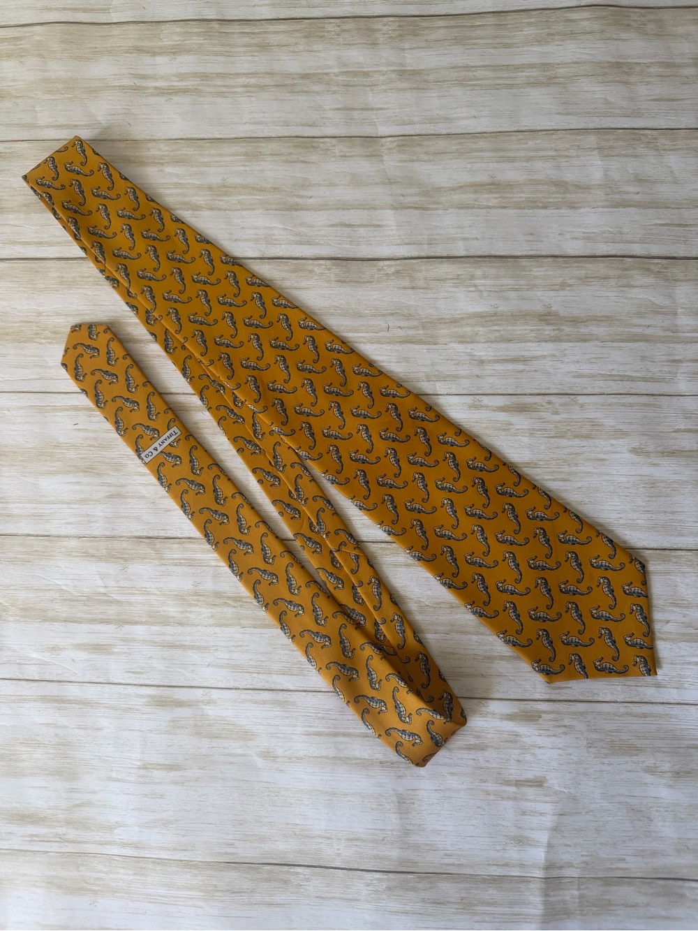 Tiffany & Co. Mustard Yellow Seahorse Print Silk Tie